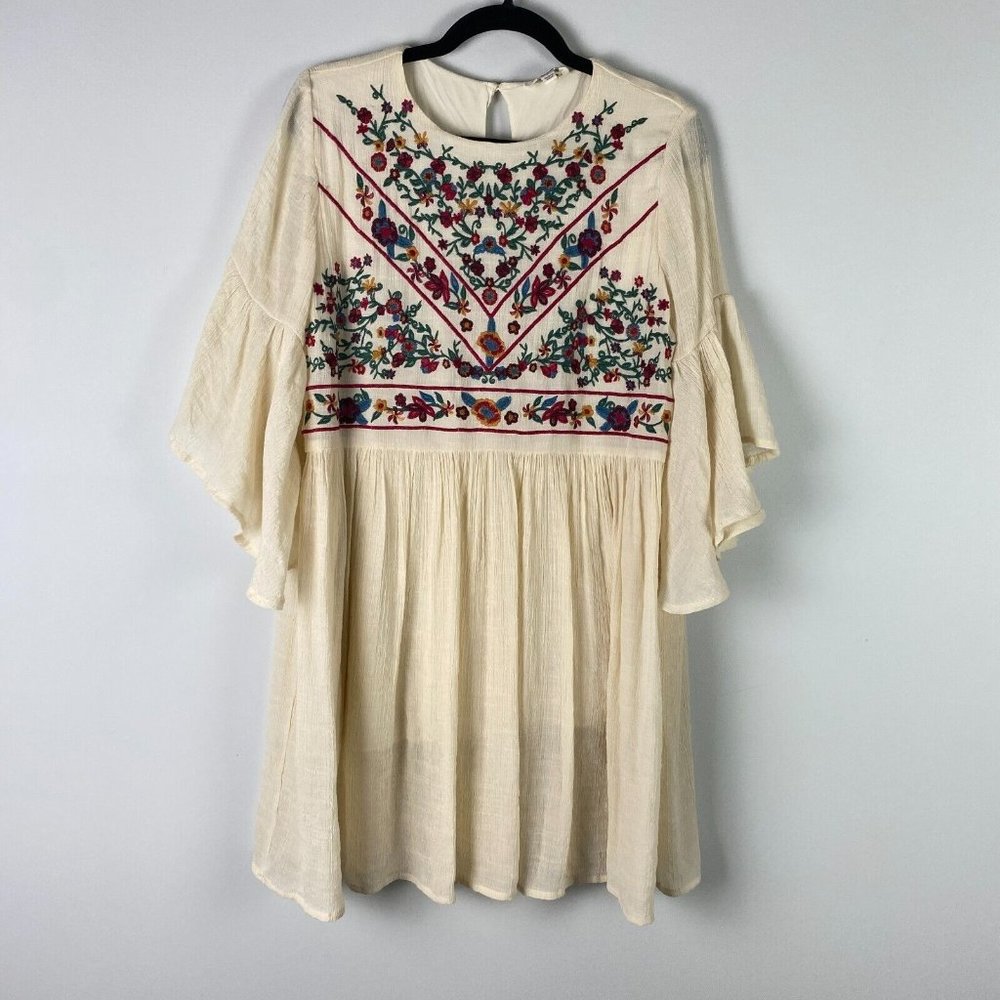 Umgee Cream Mini Dress with Multicolor Floral Embroidery